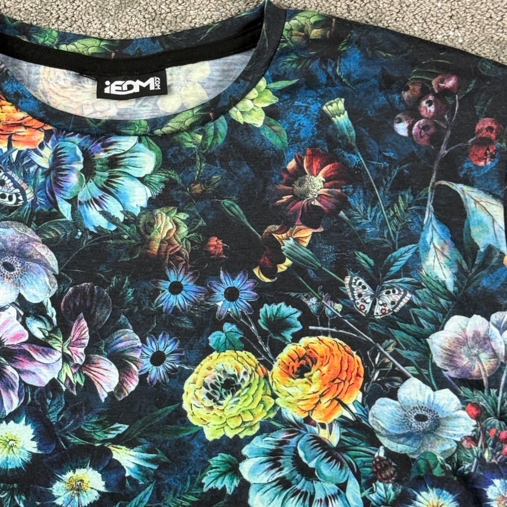 iEDM Mens 3XL Dark Floral Butterfly All Over Print T Shirt Festival Rave USA